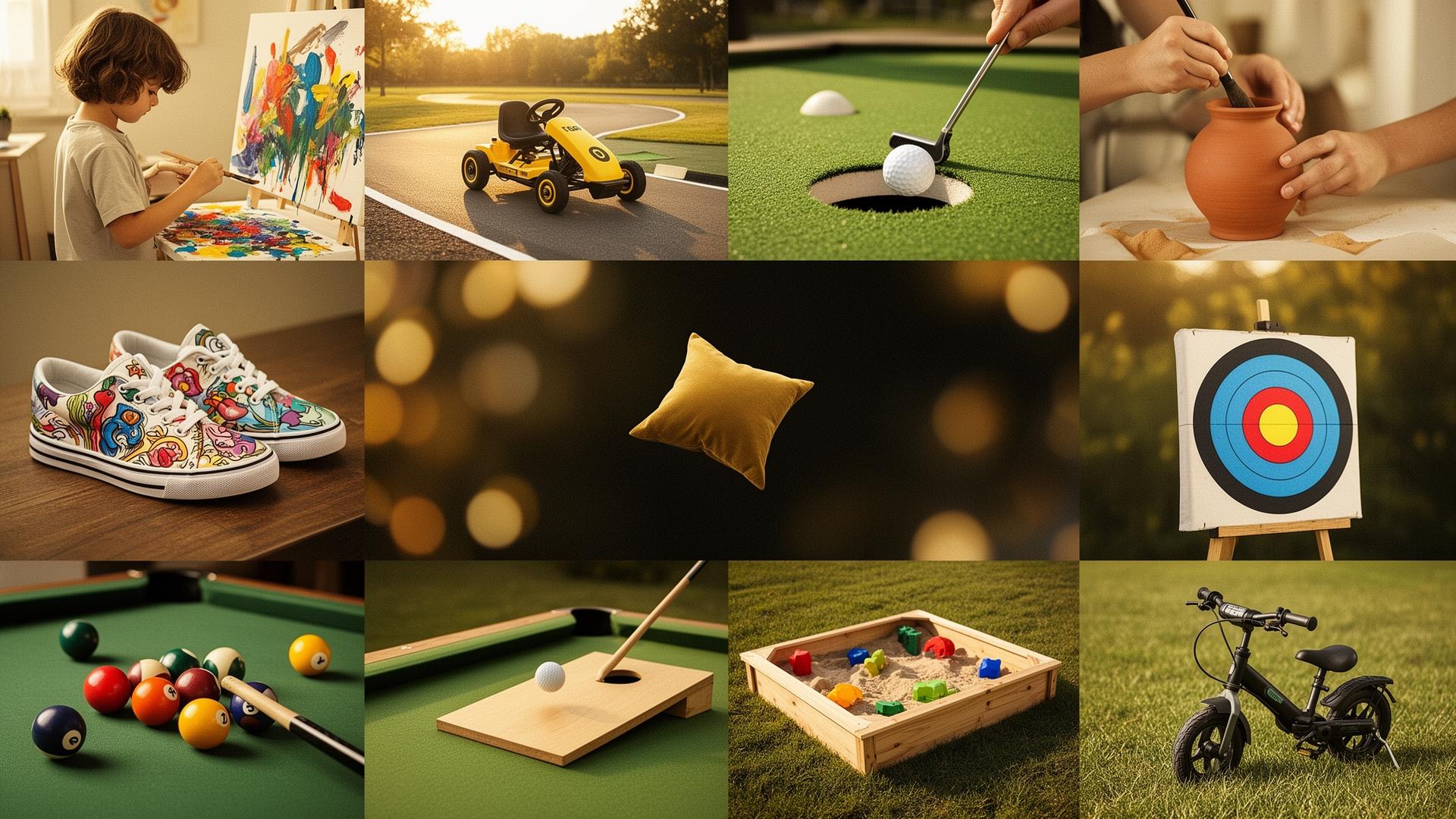 Collage of activities at PERE House — painting, go-karts, mini-golf, ceramics, pool, archery and more